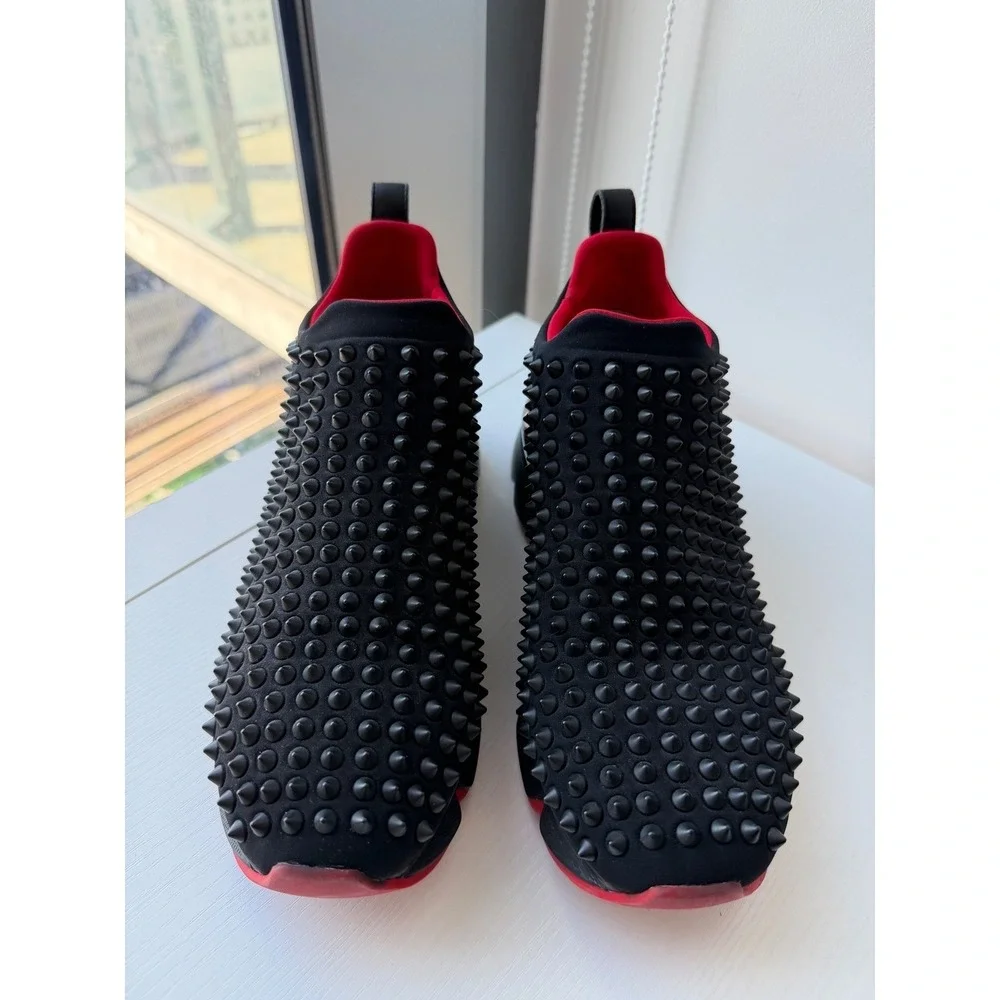Christian Louboutin Neoprene Black Spike Sock Slip-On Sneakers Red Sole EU 38